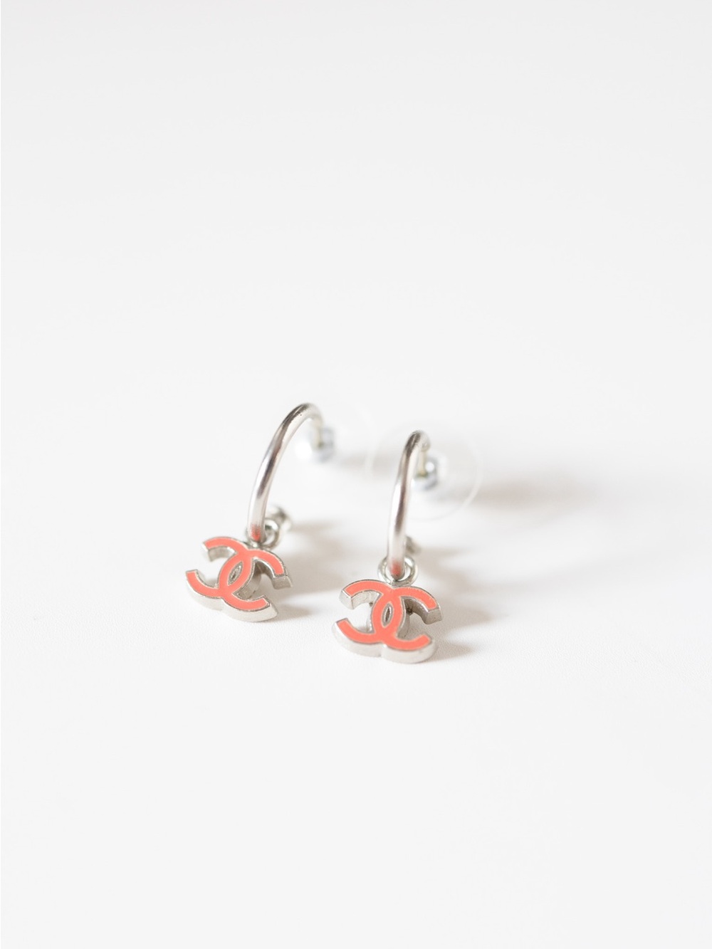 CHANEL Silver Hoops with Coral CC Charm Drops 04P